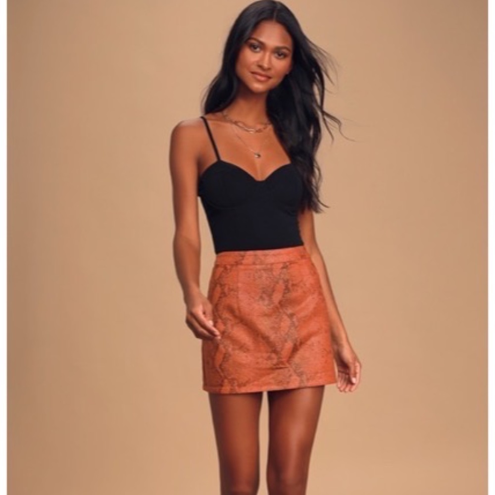 NWT Brick Red Snake Print Denim Mini Skirt